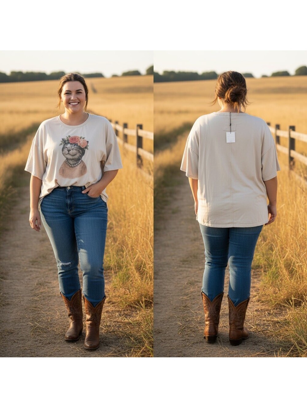 1952 - Davi & Dani 2XL Beige Graphic Cat Print Short Sleeve T-Shirt